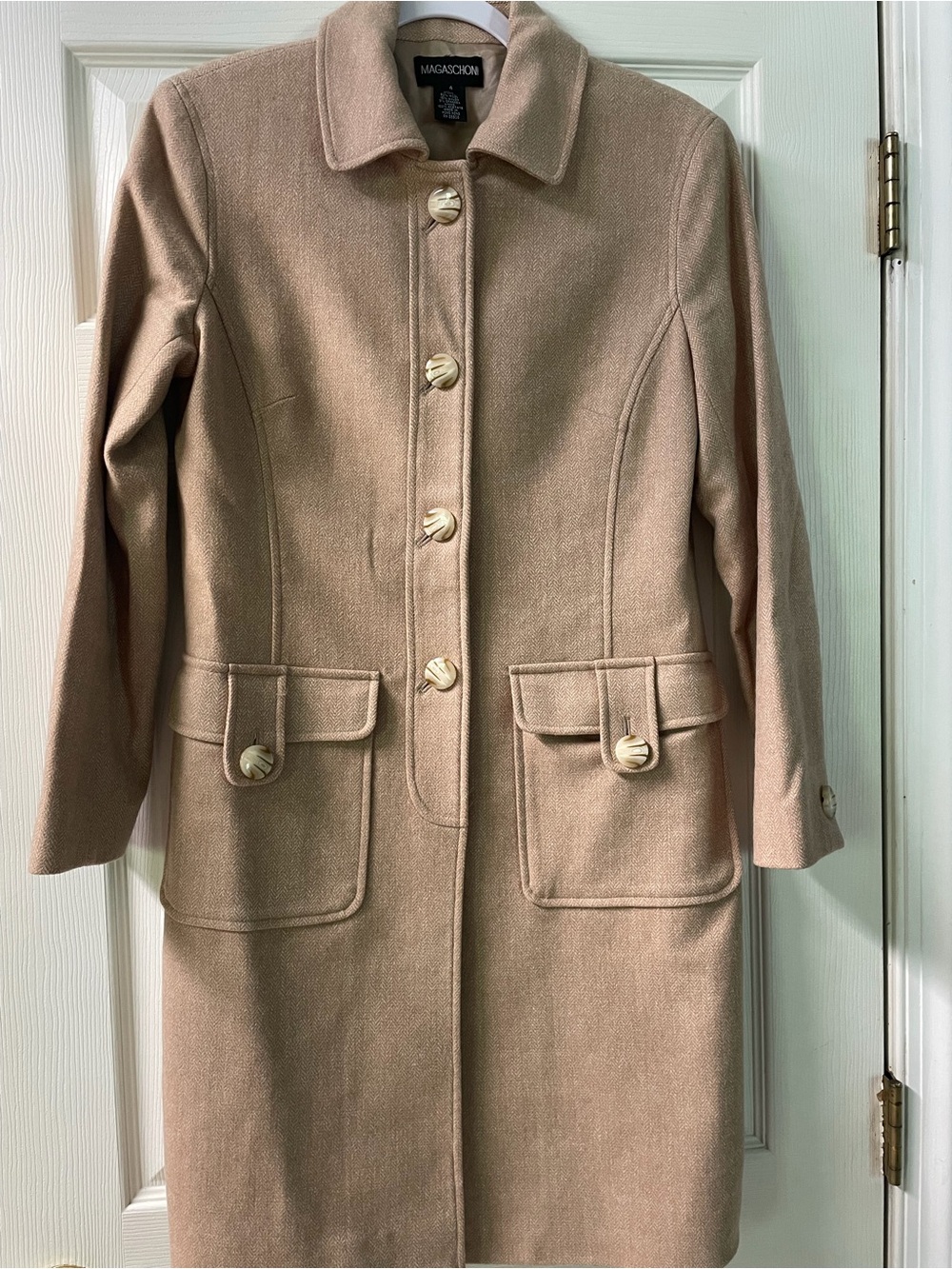 Magaschoni Trench Coat. Wool blend. Button Close. Lined. Herringbone.